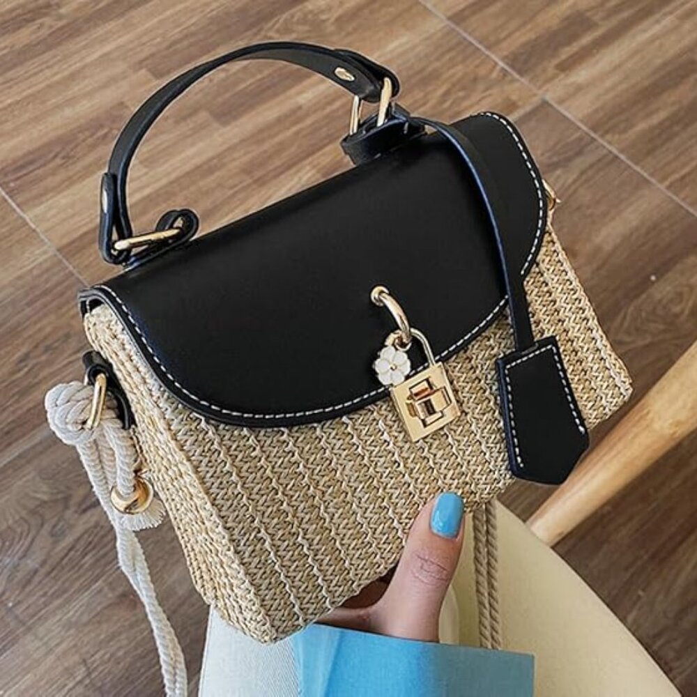 Neiman Marcus Black Natural Woven Straw Box Bag